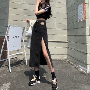 IELGY high-waisted side slit denim skirt summer thin a-line bag hip long skirt
