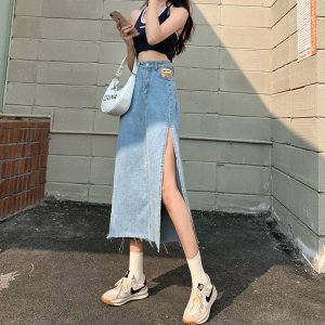 IELGY high-waisted side slit denim skirt summer thin a-line bag hip long skirt