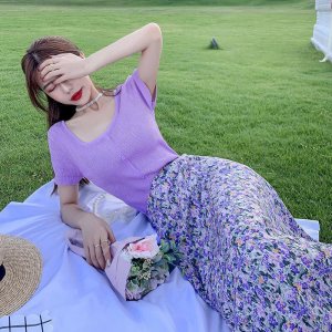 IELGY women's purple floral high waist slim fit midi skirt