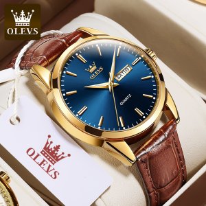 Olevs 6898 Chocolate Pu Leather Analog Wrist Watch For Men - Royal Blue & Chocolate - Watch