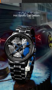 Men Quartz Watch for Waterproof Vacuum Plating Strap with Car Wheel Rim Hub Design Sport Automatic Wristwatch