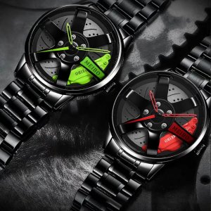 Men Quartz Watch for Waterproof Vacuum Plating Strap with Car Wheel Rim Hub Design Sport Automatic Wristwatch