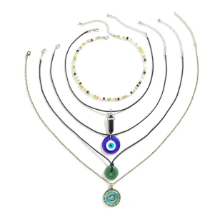 5Pcs Ethnic Peace Buckle Blue Turkish Lucky Eye Pendant Choker Necklace for Women Vintage Stone Leather Wax Thread Chain Jewelry