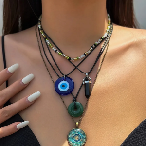 5Pcs Ethnic Peace Buckle Blue Turkish Lucky Eye Pendant Choker Necklace for Women Vintage Stone Leather Wax Thread Chain Jewelry