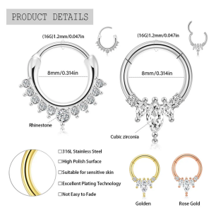 2Pcs 316L Surgical Steel Zircon Hinged Nose Ring Septum Clicker Daith Piercing Ear Cartilage Helix Hoop Flowers Water Drops