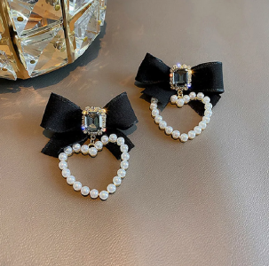 Black Bow Square Crystal Earrings Women Elegant Pearl Heart Jewelry Gifts Sunlight Mall