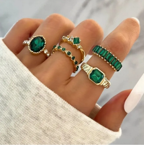 5pcs/set Zircon Gem Rings Set For Women Luxury Green Crystal Ring Party Engagement Wedding Jewelry
