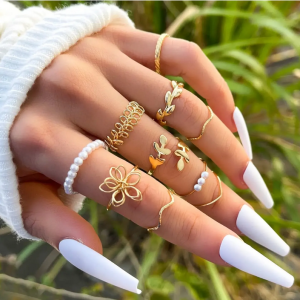 10 Pcs Bohemian Rings Set for Women Vintage Geometric Pearl Trendy Jewelry Rings
