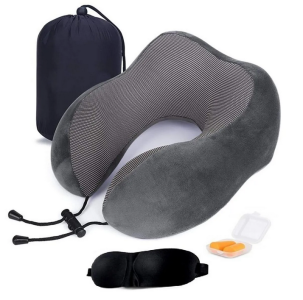 Extra soft Folding Travel Neck Pillow U-Shaped Velvet Memory Foam + Eye Masks + Ear buds Foldable Soft Travel Pillow Massage for Sleeping Airplane Car Pillow Cervical