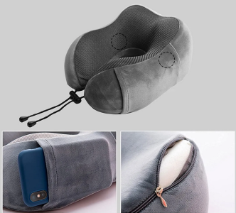 Extra soft Folding Travel Neck Pillow U-Shaped Velvet Memory Foam + Eye Masks + Ear buds Foldable Soft Travel Pillow Massage for Sleeping Airplane Car Pillow Cervical