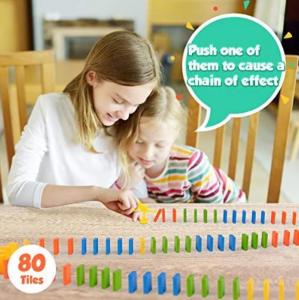 Domino Train Toy Set Rally Electric Train Model with 80 Pcs Colorful Domino Building Blocks Car Truck Vehicle Stacking