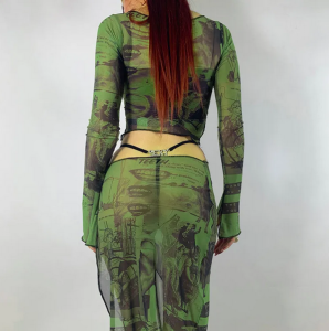 Sexy See Trough Crop Top Vintage Graphic Print Green Mesh Sheer T-shirt Long Flare Sleeve Slim Fit Tee Women Clothes