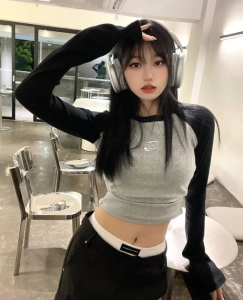 HOUZHOU Y2k Vintage Crop Top Long Sleeve T Shirts Women Korean Fashion Harajuku Kpop Aesthetic Graphic Tees Patchwork Autumn