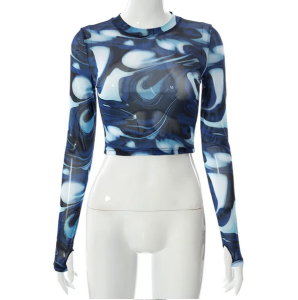 CUTENOVA Sexy Crop Top Y2K Vintage Harajuku Graphic Print Mesh Sheer T-shirt Long Flare Sleeve Slim Fit Women Clothes Aesthetic