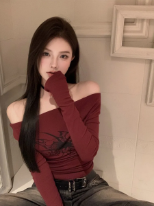 QWEEK Gothic Spider Graphic Grunge T Shirts Women Y2k Off Shoulder Vintage Crop Top Korean Style Kpop Coquette Long Sleeve Tees