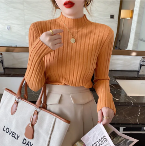 Autumn Winter Knitted Ribbed Mock Neck Sweater Women Clothes 2024 Long Sleeve Slim Basic Pullover Woman Sweaters Solid Tops