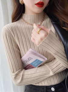 Autumn Winter Knitted Ribbed Mock Neck Sweater Women Clothes 2024 Long Sleeve Slim Basic Pullover Woman Sweaters Solid Tops