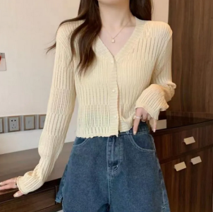 V-Neck Knitted Cardigan Women's Autumn and Winter New Women's Short Long-Sleeved Coat Solid Color Slim-Fit Tall Top for Women