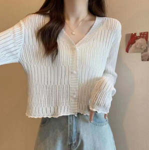 V-Neck Knitted Cardigan Women's Autumn and Winter New Women's Short Long-Sleeved Coat Solid Color Slim-Fit Tall Top for Women