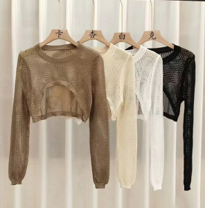 Women Crochet Knit Hollow Out Crop Top Long Flared Sleeve Shrug Sweater Mesh Cover Ups Cardigan Streetwear Pullover Shirt