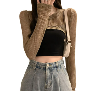 Women Crochet Knit Hollow Out Crop Top Long Flared Sleeve Shrug Sweater Mesh Cover Ups Cardigan Streetwear Pullover Shirt