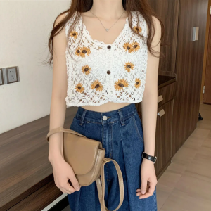 Cardigan Sleeveless Cardigan Embroidery V-Neck Short Embroidered Vest Sleeveless V-Neck Waistcoat for Summer Casual Fashion Daily Wear Outdoor