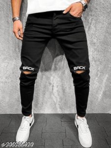 Men Denim Printed Black Jeans