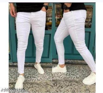 Men Cotton Blend White Jeans