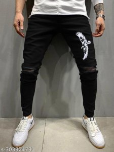 Men Denim Printed Black Jeans