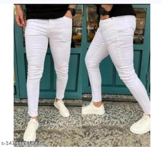 Men Cotton Blend White Jeans