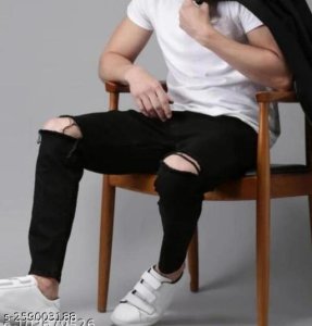 Men Denim Knee Cut Black Jeans