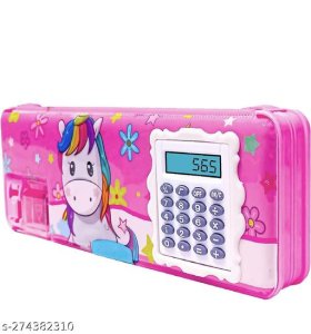 Calculator Geometry, calci Geo, Dual Sharpener with Calculator, Double sided Stationary Box for Girls Art Plastic Pencil Box (Random color )