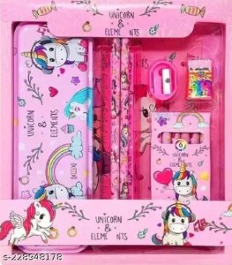 ARB Unicorn Stationery Gift Kit Set for Kids Girl Combo Cartoon Unicorn Stationary Set Metal Geometry Pencil case,2 Reversible Sequin Pencils ,1 Eraser, 1 Scale, 1 Sharpener and 6in1 Crayon (Pink) Birthday Party Return Gift Christmas Day New Year Gift 8 in 1 Packed Gift Set