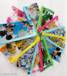 Pack of 12 Gifting Square Kids PVC Plastic Pencil Pouch for Birthday Return Gifts, Assorted Cartoon Design