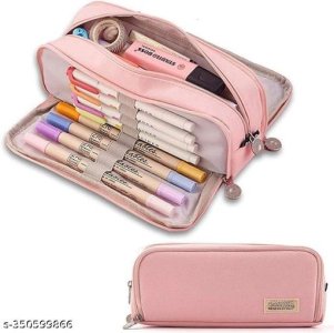 TREXEE Large Capacity 3 Compartment Stationery Pencil Pouch with Oxford Pencil Case Stylish Pen Pouch Korean Bag for Teen Boys Girls College High School Supplies Pencil Case Cute Stationery Bag (Pink)